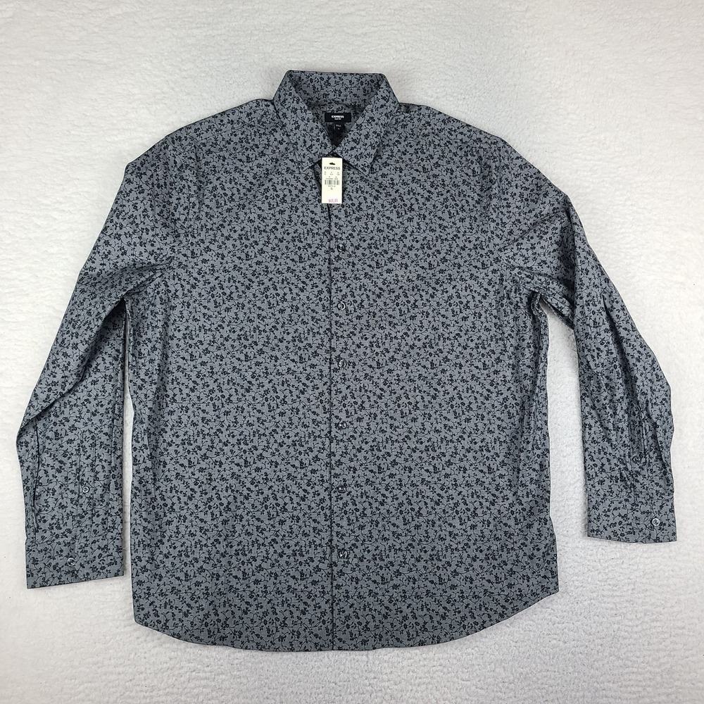 EXPRESS Shirt Mens XL Black Gray Floral Slim 1MX Dress Button Up NWT NEW